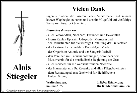 Traueranzeige von Alois Stiegeler von Mittelschwäbische Nachrichten