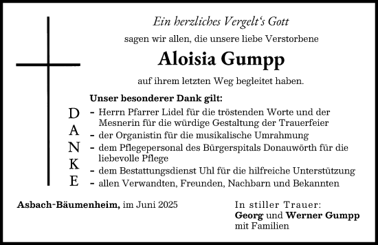 Traueranzeige von Aloisia Gumpp von Donauwörther Zeitung