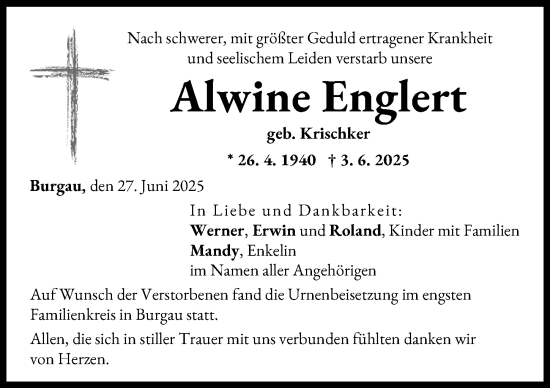 Traueranzeige von Alwine Englert von Günzburger Zeitung