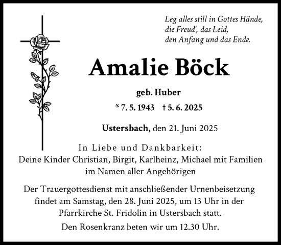Traueranzeige von Amalie Böck von Augsburg-Land