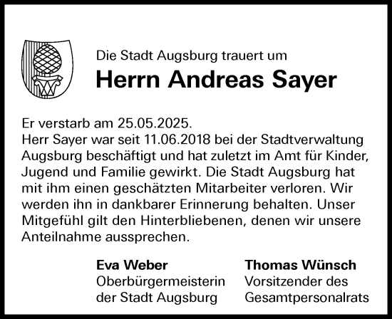 Traueranzeige von Andreas Sayer von Augsburger Allgemeine