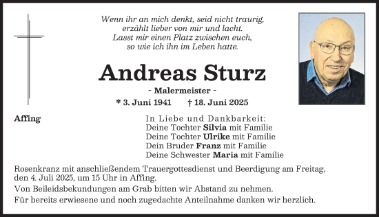 Traueranzeige von Andreas Sturz von Aichacher Nachrichten