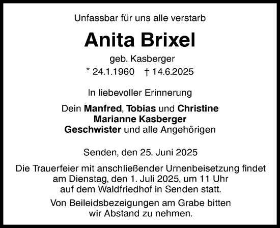 Traueranzeige von Anita Brixel von Neu-Ulmer Zeitung, Augsburger Allgemeine