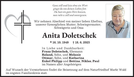 Traueranzeige von Anita Doletschek von Schwabmünchner Allgemeine