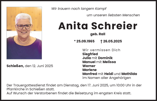 Traueranzeige von Anita Schreier von Neu-Ulmer Zeitung