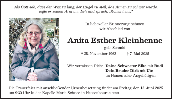 Traueranzeige von Anita Esther Kleinhenne von Mindelheimer Zeitung