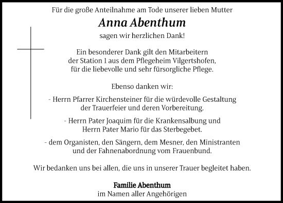 Traueranzeige von Anna Abenthum von Landsberger Tagblatt
