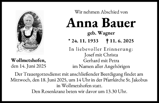 Traueranzeige von Anna Bauer von Augsburger Allgemeine