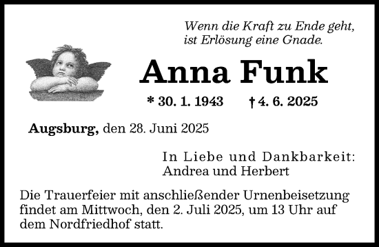 Traueranzeige von Anna Funk von Augsburger Allgemeine