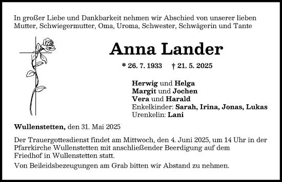 Traueranzeige von Anna Lander von Neu-Ulmer Zeitung