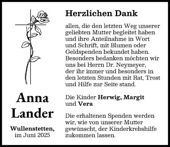 Traueranzeige von Anna Lander von Neu-Ulmer Zeitung, Augsburger Allgemeine