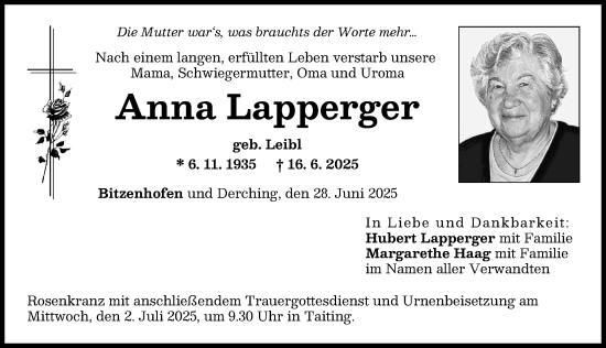 Traueranzeige von Anna Lapperger von Friedberger Allgemeine