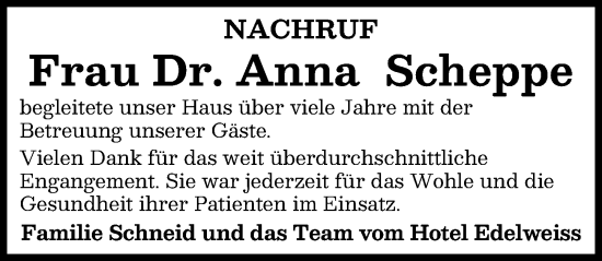 Traueranzeige von Anna Scheppe von Mindelheimer Zeitung