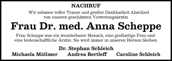 Traueranzeige von Anna Scheppe von Mindelheimer Zeitung
