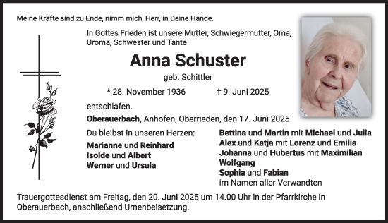 Traueranzeige von Anna Schuster von Mindelheimer Zeitung