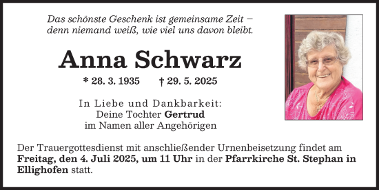 Traueranzeige von Anna Schwarz von Landsberger Tagblatt