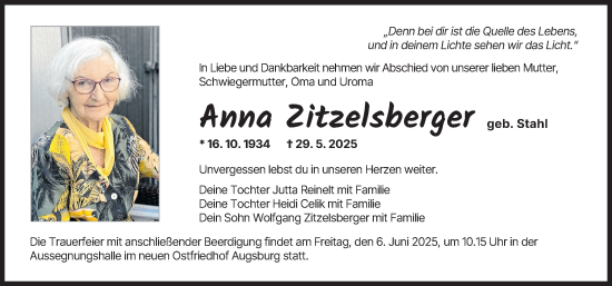 Traueranzeige von Anna Zitzelsberger von Augsburger Allgemeine