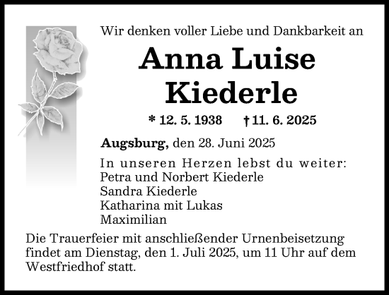 Traueranzeige von Anna Luise Kiederle von Augsburger Allgemeine