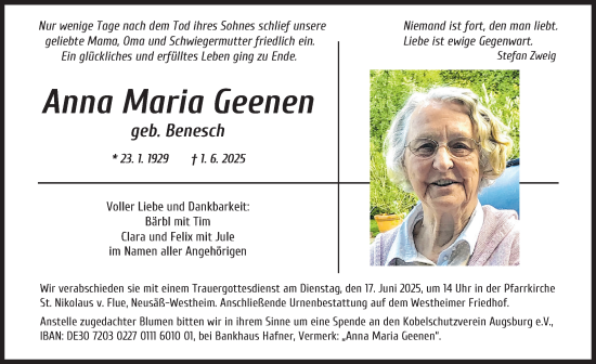 Traueranzeige von Anna Maria Geenen von Augsburger Allgemeine