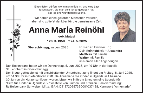 Traueranzeige von Anna Maria Reinöhl von Illertisser Zeitung