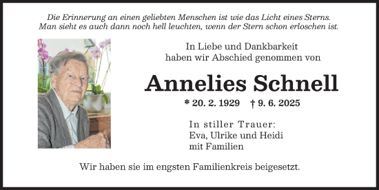 Traueranzeige von Annelies Schnell von Donauwörther Zeitung