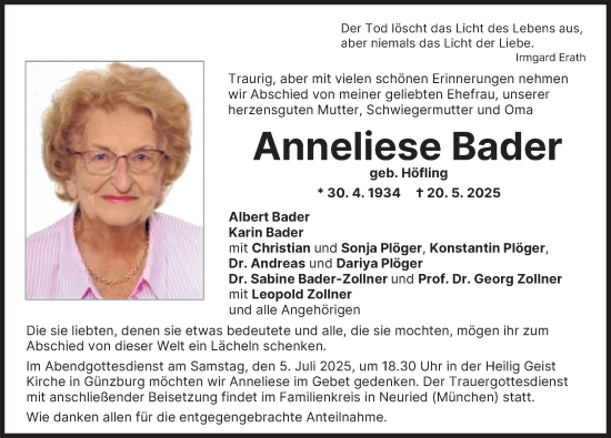 Traueranzeige von Anneliese Bader von Günzburger Zeitung