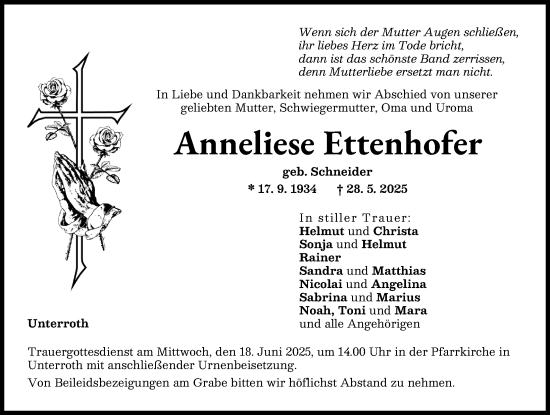 Traueranzeige von Anneliese Ettenhofer von Illertisser Zeitung