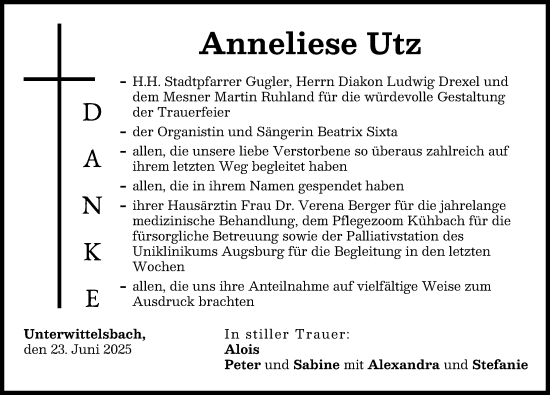 Traueranzeige von Anneliese Utz von Aichacher Nachrichten, Friedberger Allgemeine