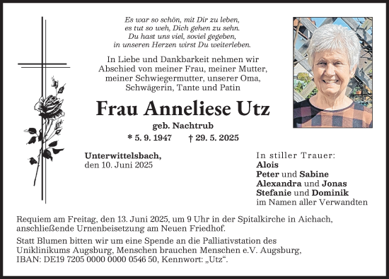 Traueranzeige von Anneliese Utz von Aichacher Nachrichten, Friedberger Allgemeine