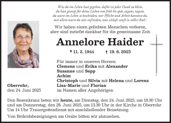 Traueranzeige von Annelore Haider von Mittelschwäbische Nachrichten