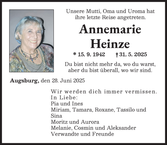Traueranzeige von Annemarie Heinze von Augsburger Allgemeine