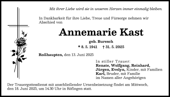 Traueranzeige von Annemarie Kast von Günzburger Zeitung