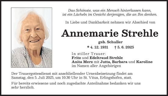 Traueranzeige von Annemarie Strehle von Donauwörther Zeitung