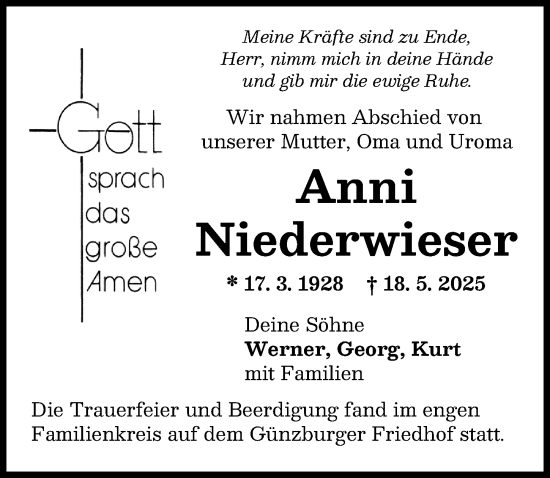 Traueranzeige von Anni Niederwieser von Günzburger Zeitung