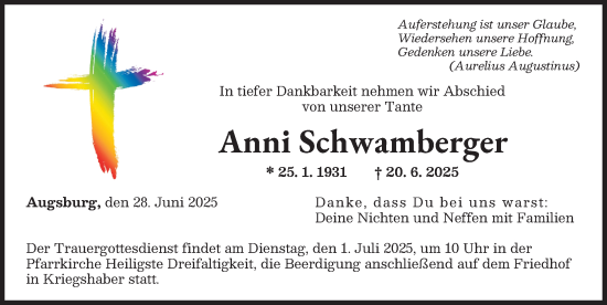 Traueranzeige von Anni Schwamberger von Augsburger Allgemeine