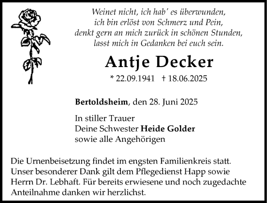 Traueranzeige von Antje Decker von Neuburger Rundschau