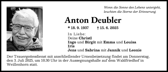 Traueranzeige von Anton Deubler von Illertisser Zeitung