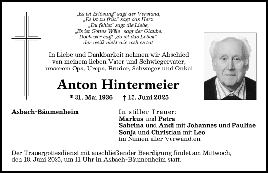 Traueranzeige von Anton Hintermeier von Donauwörther Zeitung