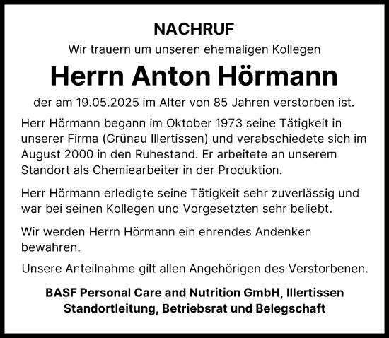 Traueranzeige von Anton Hörmann von Illertisser Zeitung