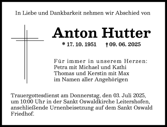 Traueranzeige von Anton Hutter von Augsburger Allgemeine