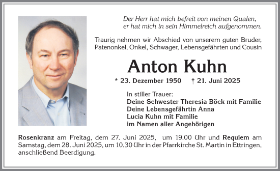 Traueranzeige von Anton Kuhn von Mindelheimer Zeitung