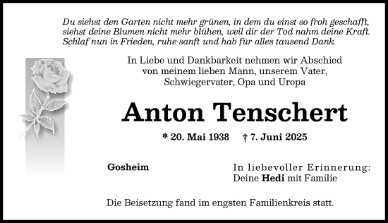 Traueranzeige von Anton Tenschert von Donauwörther Zeitung