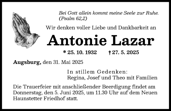 Traueranzeige von Antonie Lazar von Augsburger Allgemeine