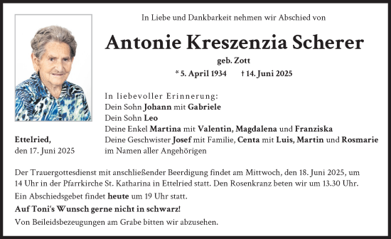 Traueranzeige von Antonie Kreszenzia Scherer von Augsburg-Land
