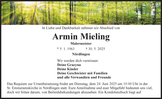 Traueranzeige von Armin Mieling von Rieser Nachrichten