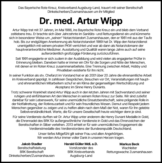 Traueranzeige von Artur Wipp von Schwabmünchner Allgemeine, Augsburg-Land
