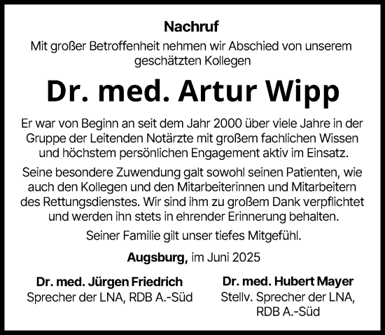 Traueranzeige von Artur Wipp von Augsburger Allgemeine