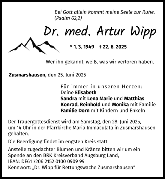 Traueranzeige von Artur Wipp von Augsburger Allgemeine