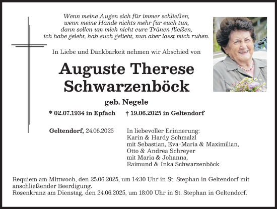 Traueranzeige von Auguste Therese Schwarzenböck von Landsberger Tagblatt