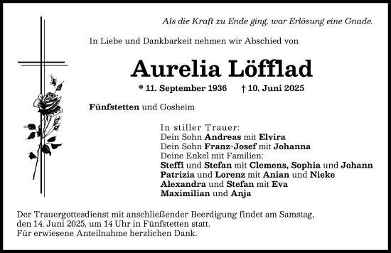 Traueranzeige von Aurelia Löfflad von Donauwörther Zeitung